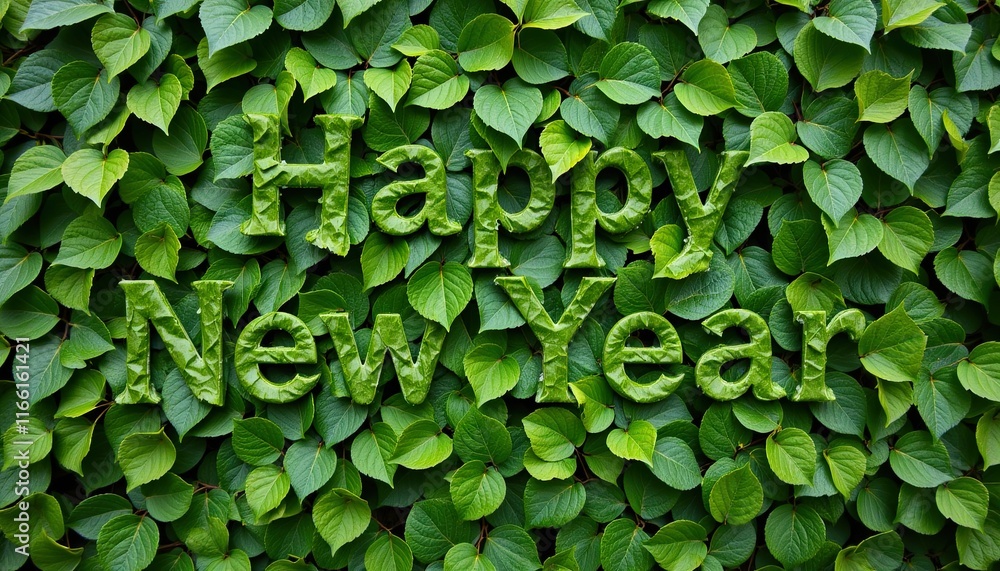 Happy New Year hidden in green leaf mosaic Happy New Year hidden in green leaf mosaic