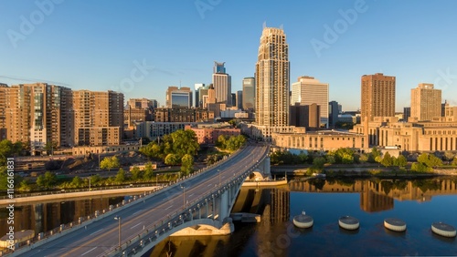 Εκτύπωση καμβά Sunrise over Minneapolis skyline, reflecting on the river