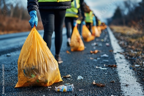 Community volunteers clean up litter along the roadside on a sunny day in early spring