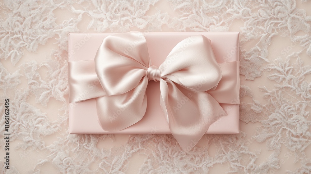 Close-up of a gift box wrapped with an elegant satin bow. Baby pink gift box with lace in a minimalist style. Close-up of a gift box wrapped with an elegant satin bow. Baby pink gift box with lace in a minimalist style.