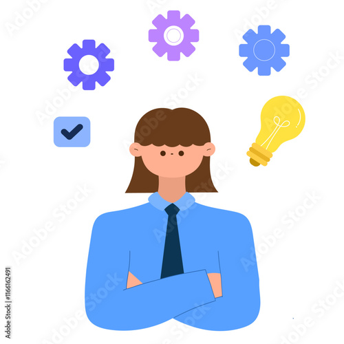 businesswoman with gears, lightbulb, and checklist symbolizing problem solving and innovation flat vector illustration