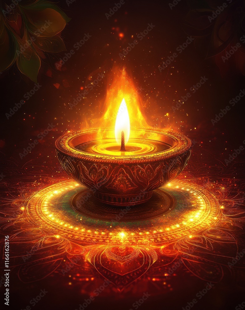 Glowing Oil Lamp Illuminating a Dark Space with Soft Flames and Sparkles, Symbolizing Light and Hope in Spiritual and Festive Celebrations Glowing Oil Lamp Illuminating a Dark Space with Soft Flames and Sparkles, Symbolizing Light and Hope in Spiritual and Festive Celebrations