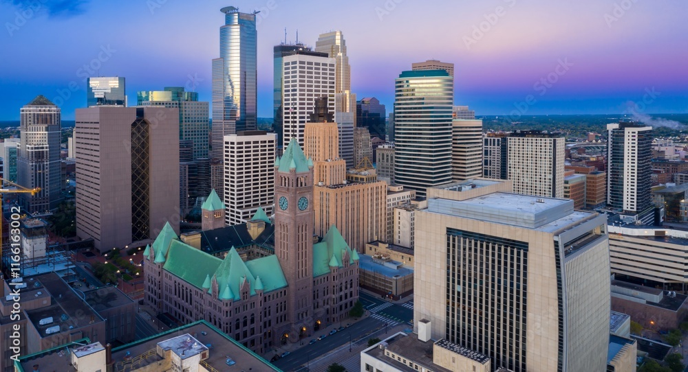 Obraz premium Aerial view of Minneapolis skyline at dawn. Modern and historic buildings, including the Hennepin County Government Center, showcase the city's architecture. Minneapolis, Minnesota, United States
