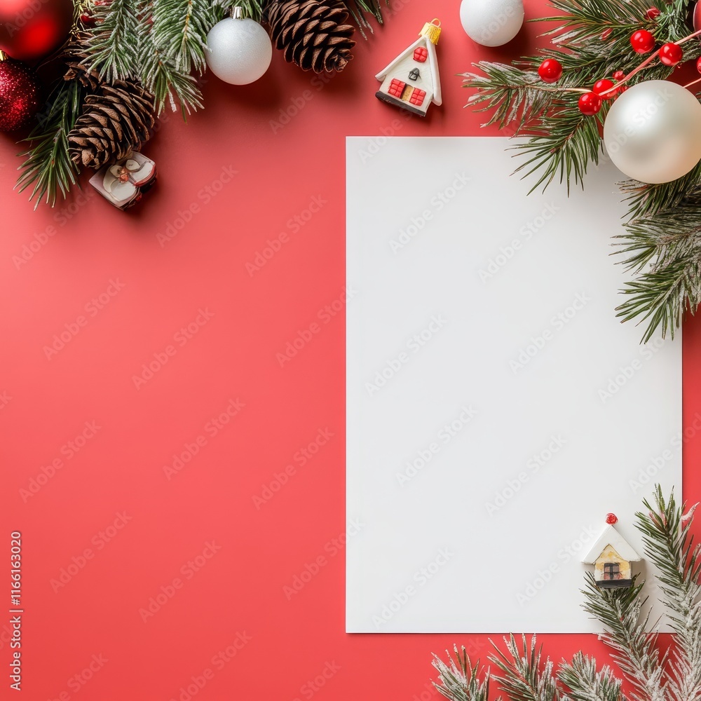 Fototapeta premium Creative Holiday Workspace With Blank Paper Surrounded by Festive Decorations Including Ornaments and Pine Branches