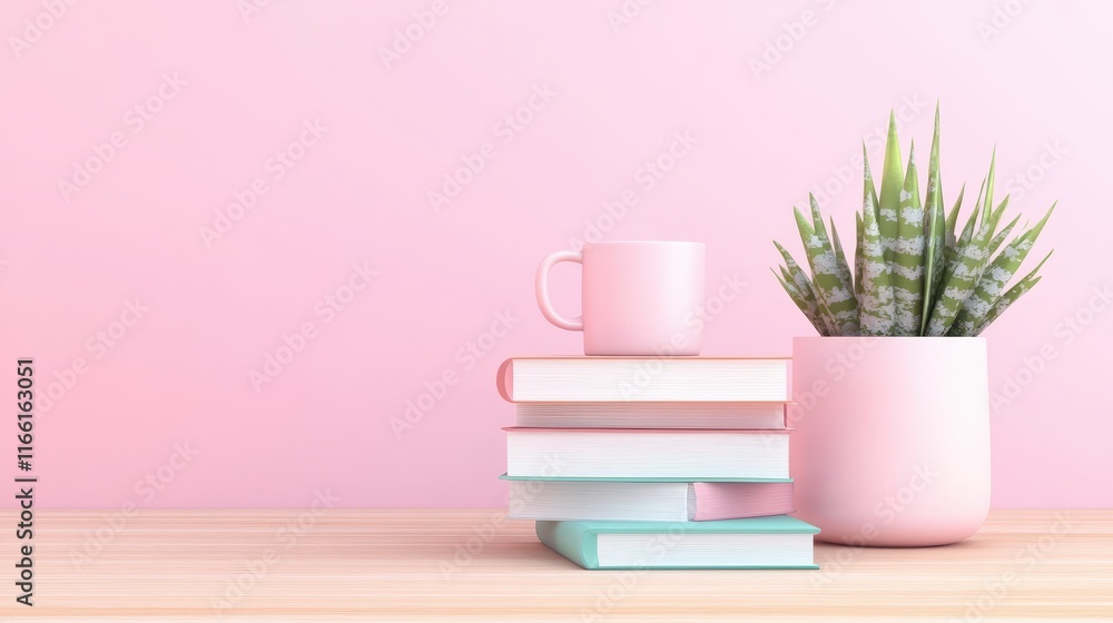 Cozy reading nook, pink mug and books on rustic wooden table pink Cozy reading nook, pink mug and books on rustic wooden table pink
