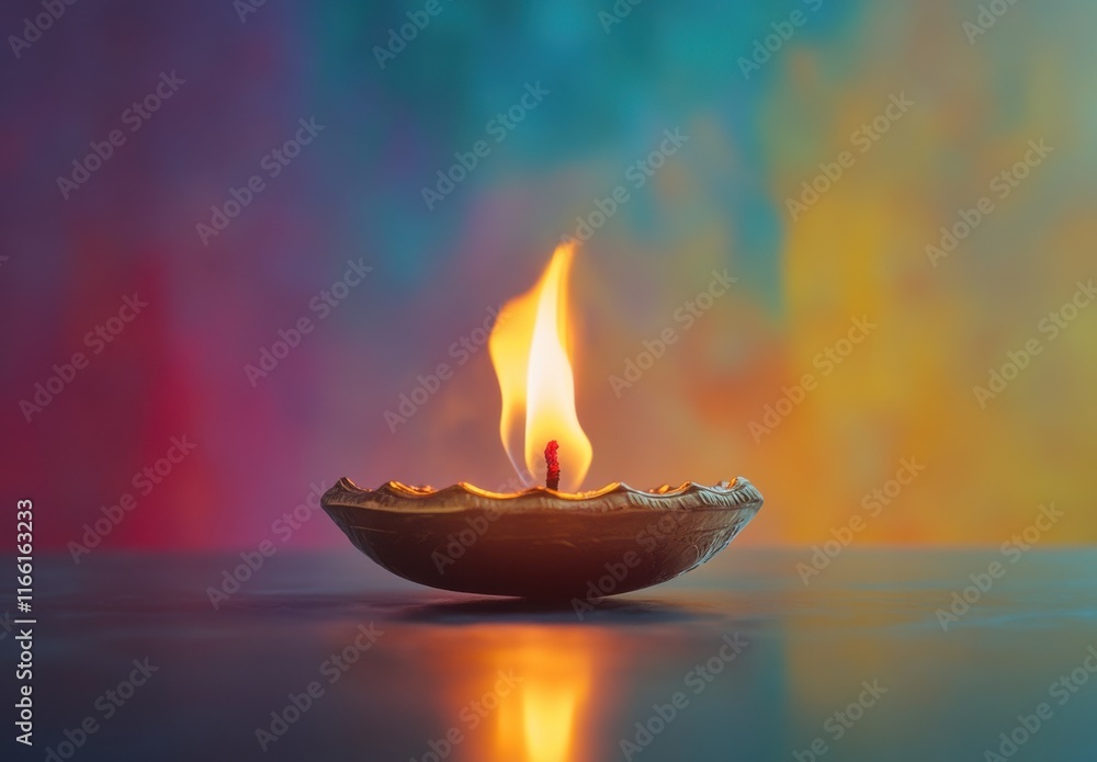 Illuminating Traditional Oil Lamp with Flickering Flame Against Colorful Abstract Background for Spiritual and Festive Themes Illuminating Traditional Oil Lamp with Flickering Flame Against Colorful Abstract Background for Spiritual and Festive Themes