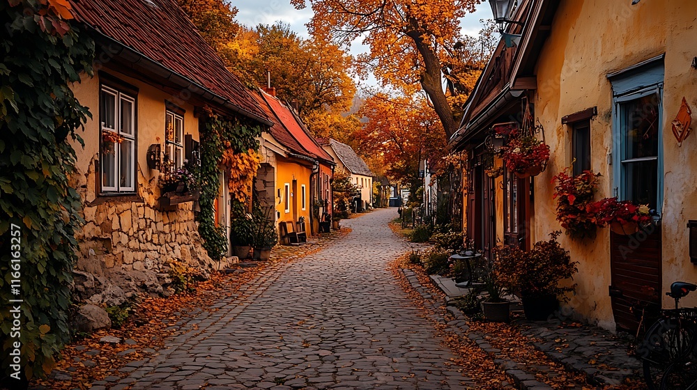 Fototapeta premium Cobblestone street in autumn, lined with colorful historic houses and vibrant fall foliage.