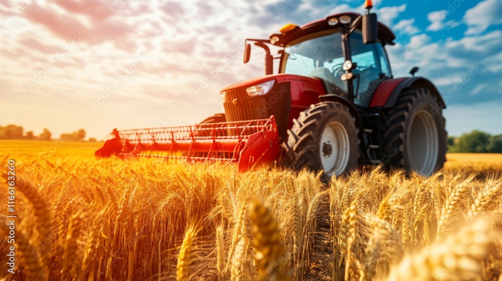 Fototapeta premium Sunset Over Wheat Field with Tractor in Action