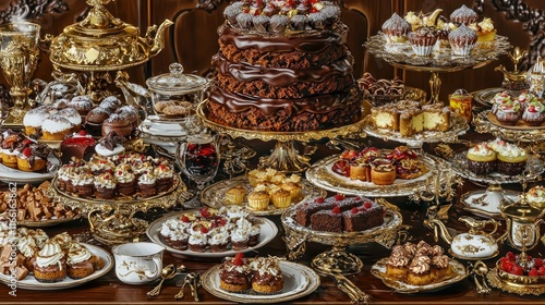 A lavish display of assorted desserts and pastries on ornate platters.