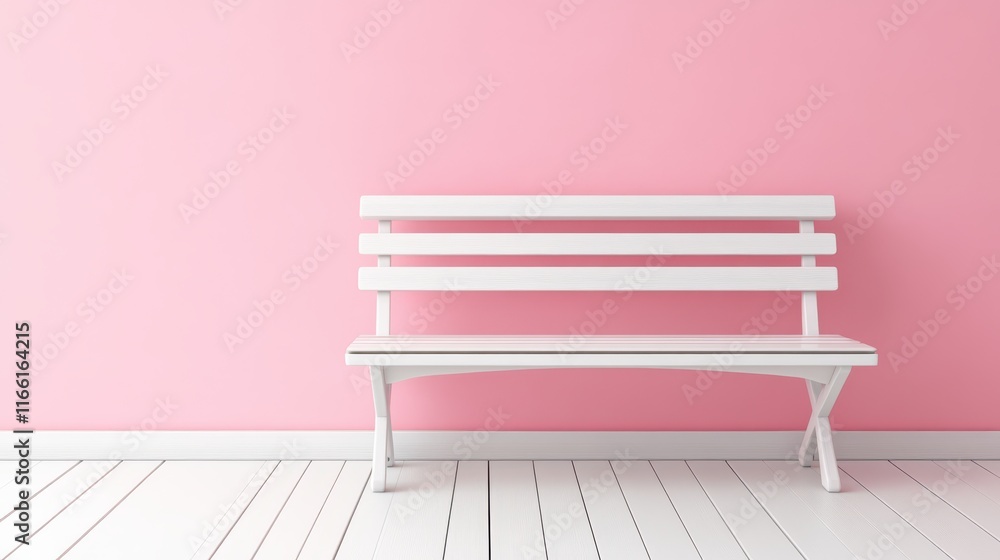 Serene white bench against vibrant pink wall, tranquil outdoor setting for relaxation and contemplation Serene white bench against vibrant pink wall, tranquil outdoor setting for relaxation and contemplation