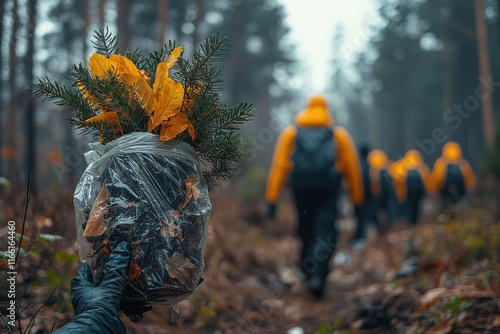 Volunteers engage in reforestation efforts while carrying young saplings in a misty forest
