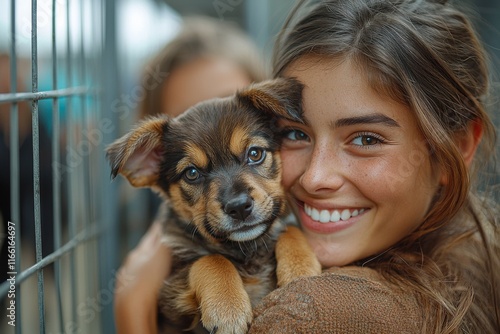 Fototapeta Naklejka Na Ścianę i Meble -  Young girl smiles joyfully while holding an adorable puppy in an animal shelter during a community adoption event