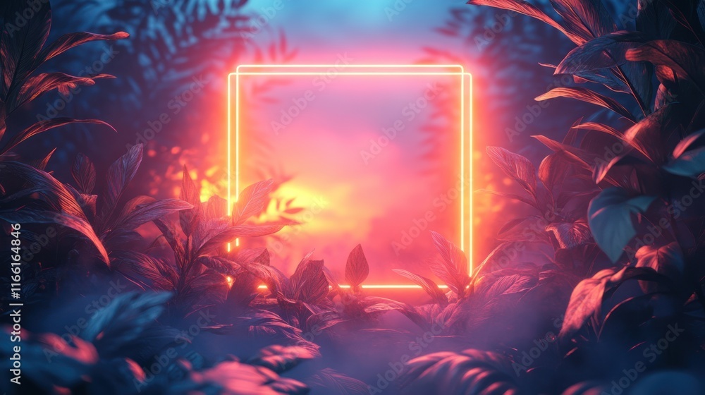 Obraz premium Glowing neon square frame in mystical jungle setting at sunset.