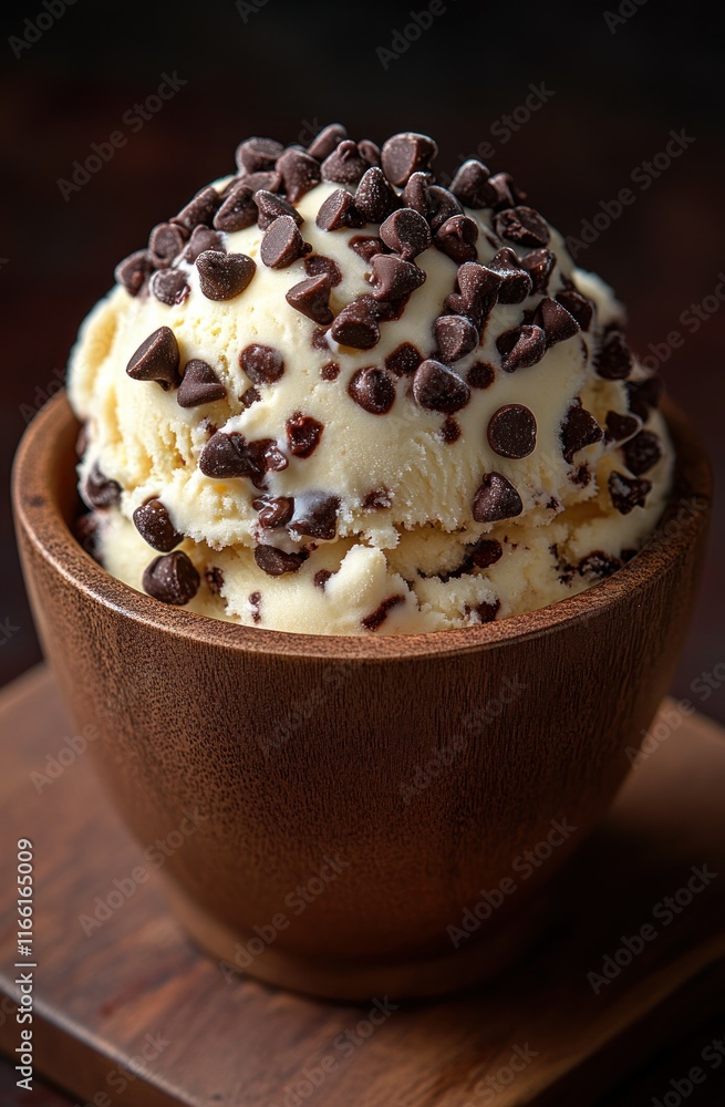 Close-up of a wooden bowl filled with creamy vanilla ice cream topped with chocolate chips. Close-up of a wooden bowl filled with creamy vanilla ice cream topped with chocolate chips.