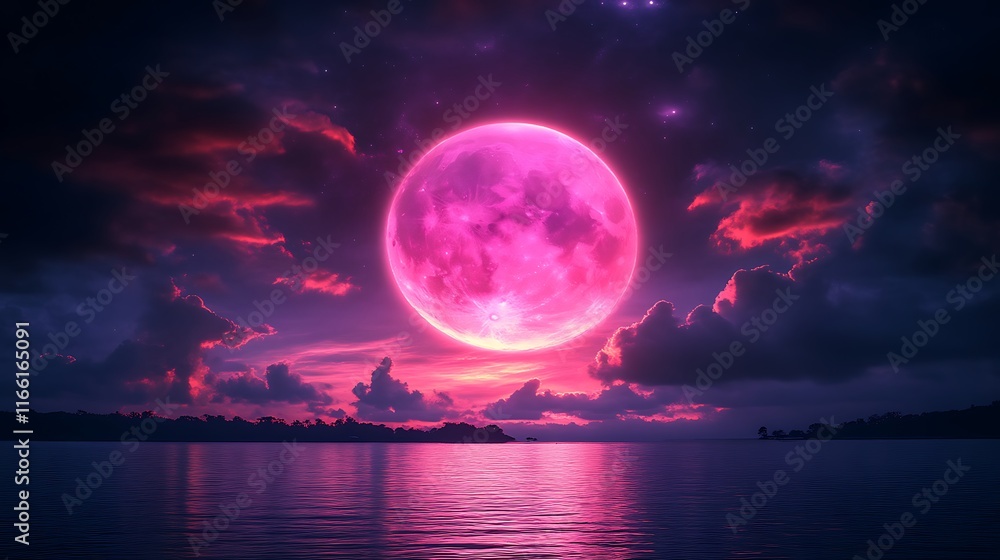Pink full moon over tranquil ocean at night. Pink full moon over tranquil ocean at night.