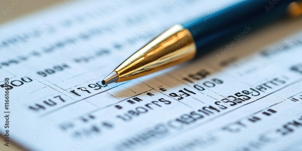 Close-Up of a Ballpoint Pen Resting on a Financial Document with Rows of Numbers and Text, Highlighting Detailed Financial Data and Analysis Close-Up of a Ballpoint Pen Resting on a Financial Document with Rows of Numbers and Text, Highlighting Detailed Financial Data and Analysis