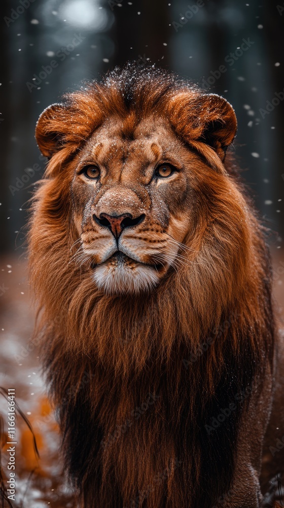 Fototapeta premium Majestic Lion Portrait in the Snow: A Striking Close-Up of the King of the Jungle, Surrounded by Falling Snowflakes in a Serene Winter Woodland Scene