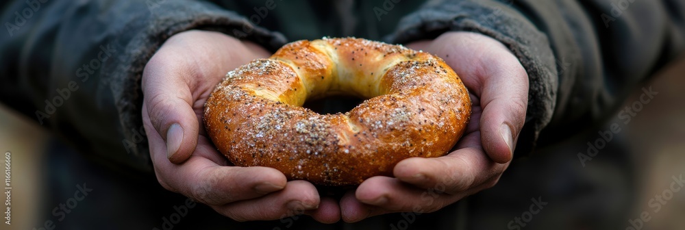 Φωτογραφία A close-up photograph captures a pair of hands gently cradling a freshly baked bagel, showcasing its golden crust and sprinkled seeds, symbolizing warmth and the art of traditional baking