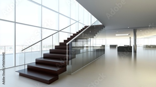 Modern staircase in a spacious  well-lit interior environment.