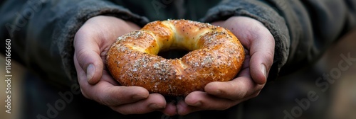 A close-up photograph captures a pair of hands gently cradling a freshly baked bagel, showcasing its golden crust and sprinkled seeds, symbolizing warmth and the art of traditional baking. photo