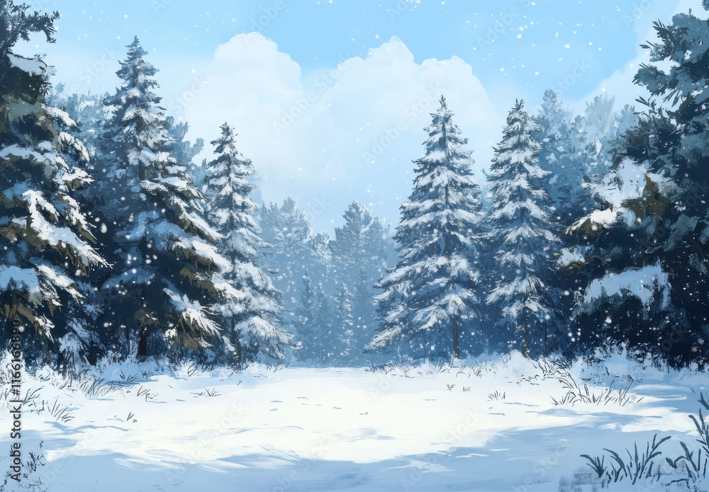 Obraz premium Serene Winter Landscape with Snow-Covered Pines and Gentle Falling Snowflakes in a Calm, Icy Snowfield Under a Bright Blue Sky