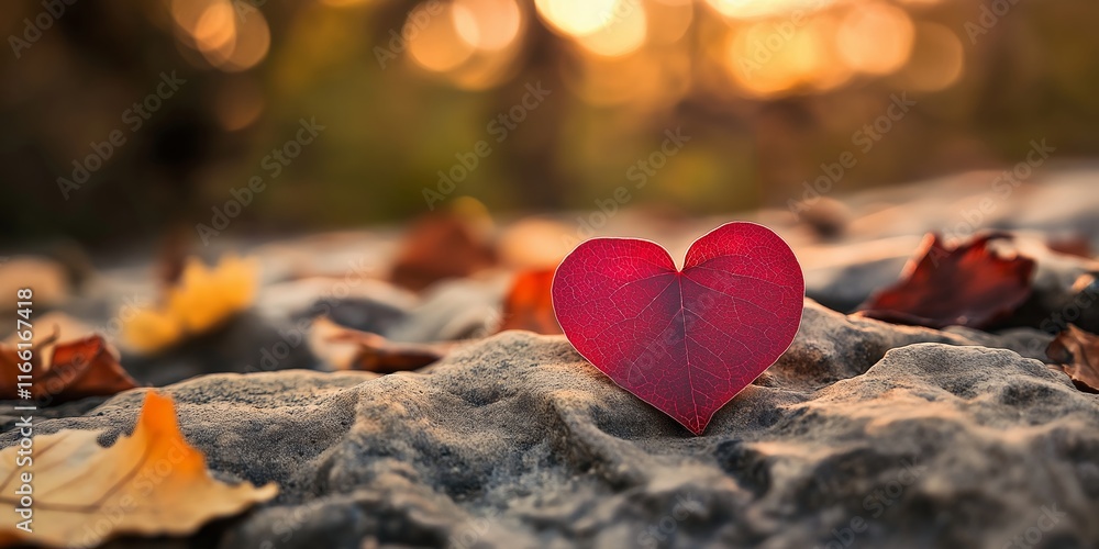 Fototapeta premium A vibrant heart-shaped leaf resting on natural stones.