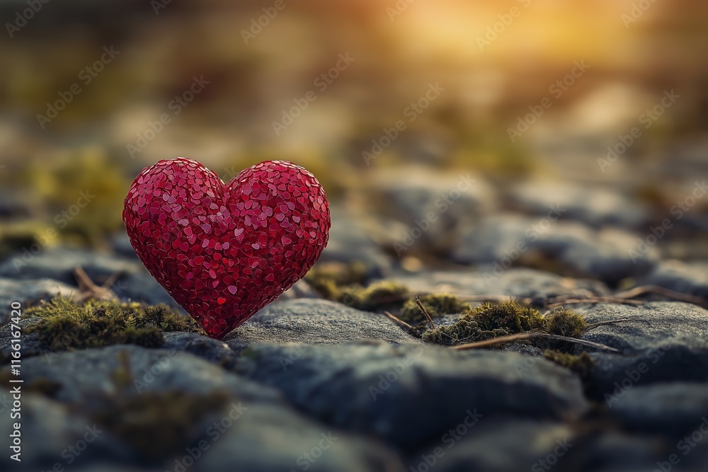 Fototapeta premium A shiny heart decoration placed on textured natural ground.