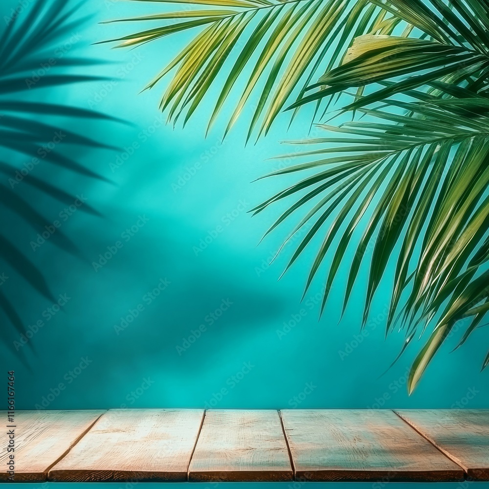 Vibrant Tropical Backdrop Featuring Palm Leaves and a Wooden Surface for Creative Projects and Relaxation Vibrant Tropical Backdrop Featuring Palm Leaves and a Wooden Surface for Creative Projects and Relaxation