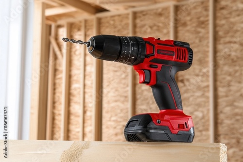 Cordless power drill standing on wooden surface in unfinished interior construction site. photo