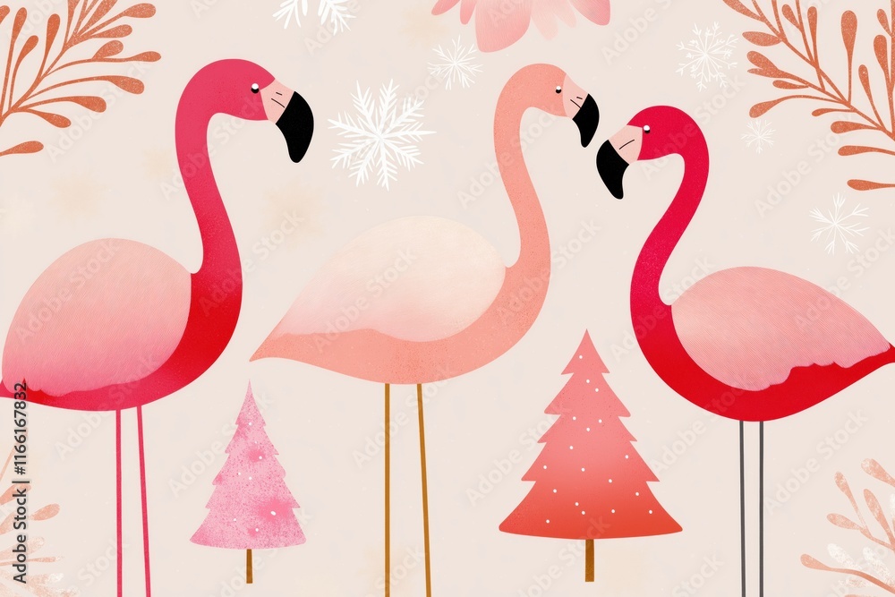 Fototapeta premium A group of three pink flamingos standing in front of a Christmas tree. The flamingos are in various positions, with one standing in the foreground and the other two in the background