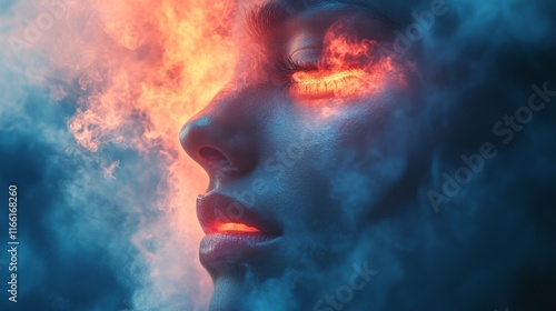 Profile portrait of a woman with glowing clouds