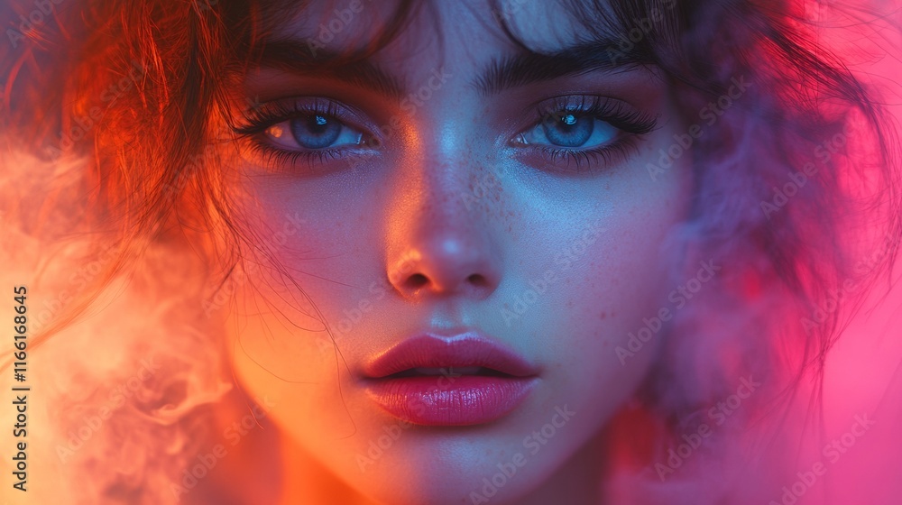 Close-up portrait of a woman with fiery red hues Close-up portrait of a woman with fiery red hues