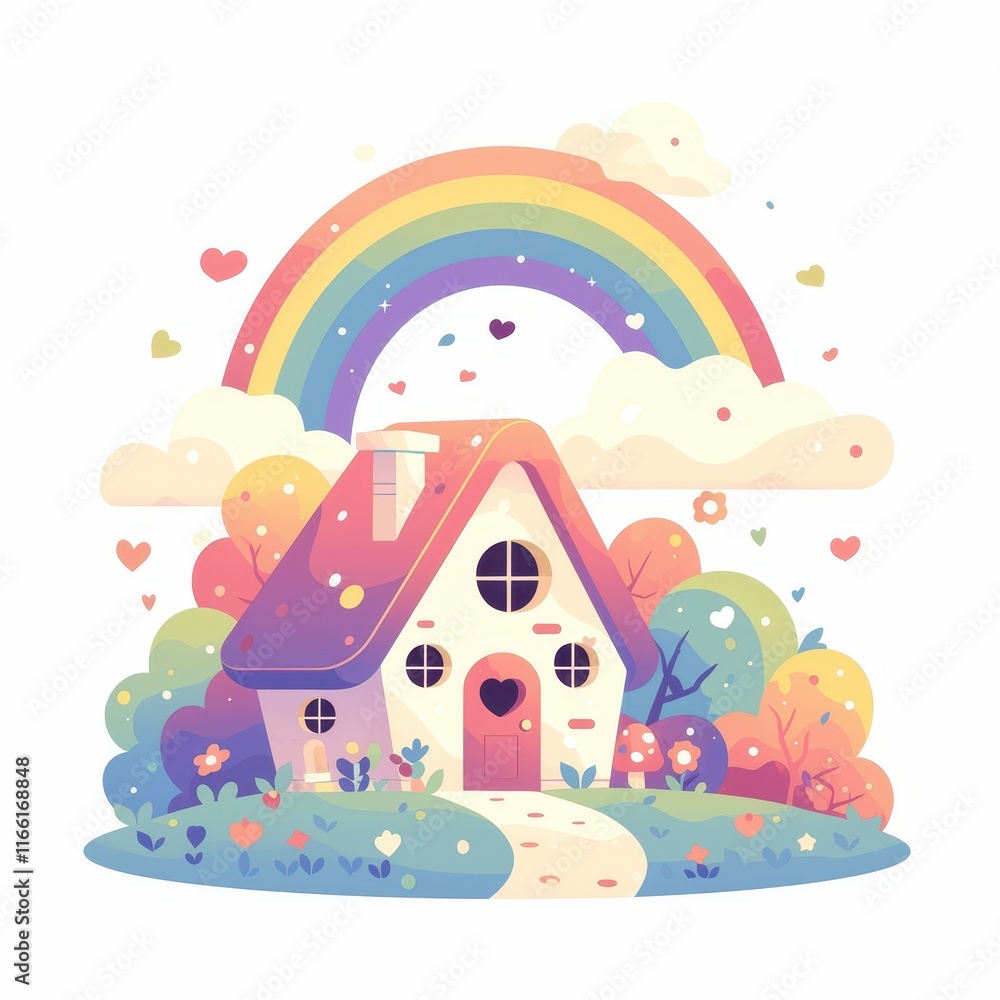A whimsical illustration of a colorful house with a rainbow and cheerful surroundings. A whimsical illustration of a colorful house with a rainbow and cheerful surroundings.