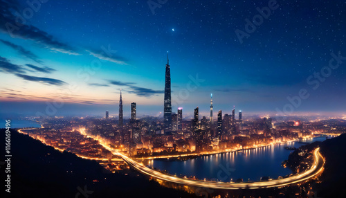 View of an illuminated futuristic city skyline with some tall buildings under a starry sky during the blue hour of twilight