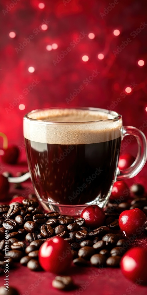 Aromatic coffee cup with cherries and beans on a red background. Aromatic coffee cup with cherries and beans on a red background.