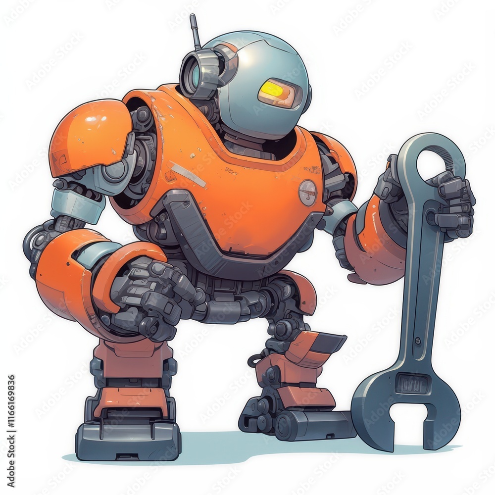 A cartoonish robot with an orange exterior holding a large wrench. A cartoonish robot with an orange exterior holding a large wrench.