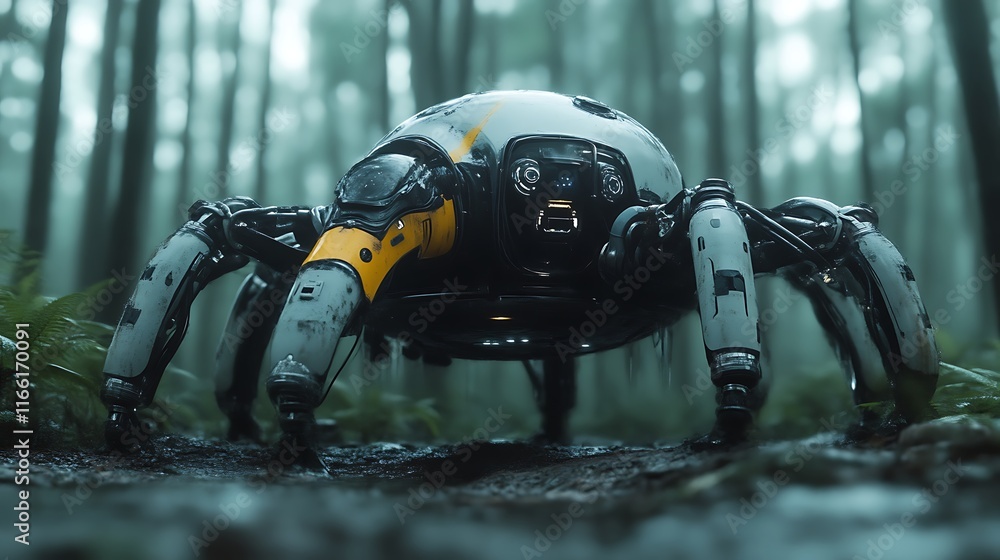 Futuristic spider robot in a misty forest. Futuristic spider robot in a misty forest.