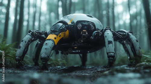 Futuristic spider robot in a misty forest. photo