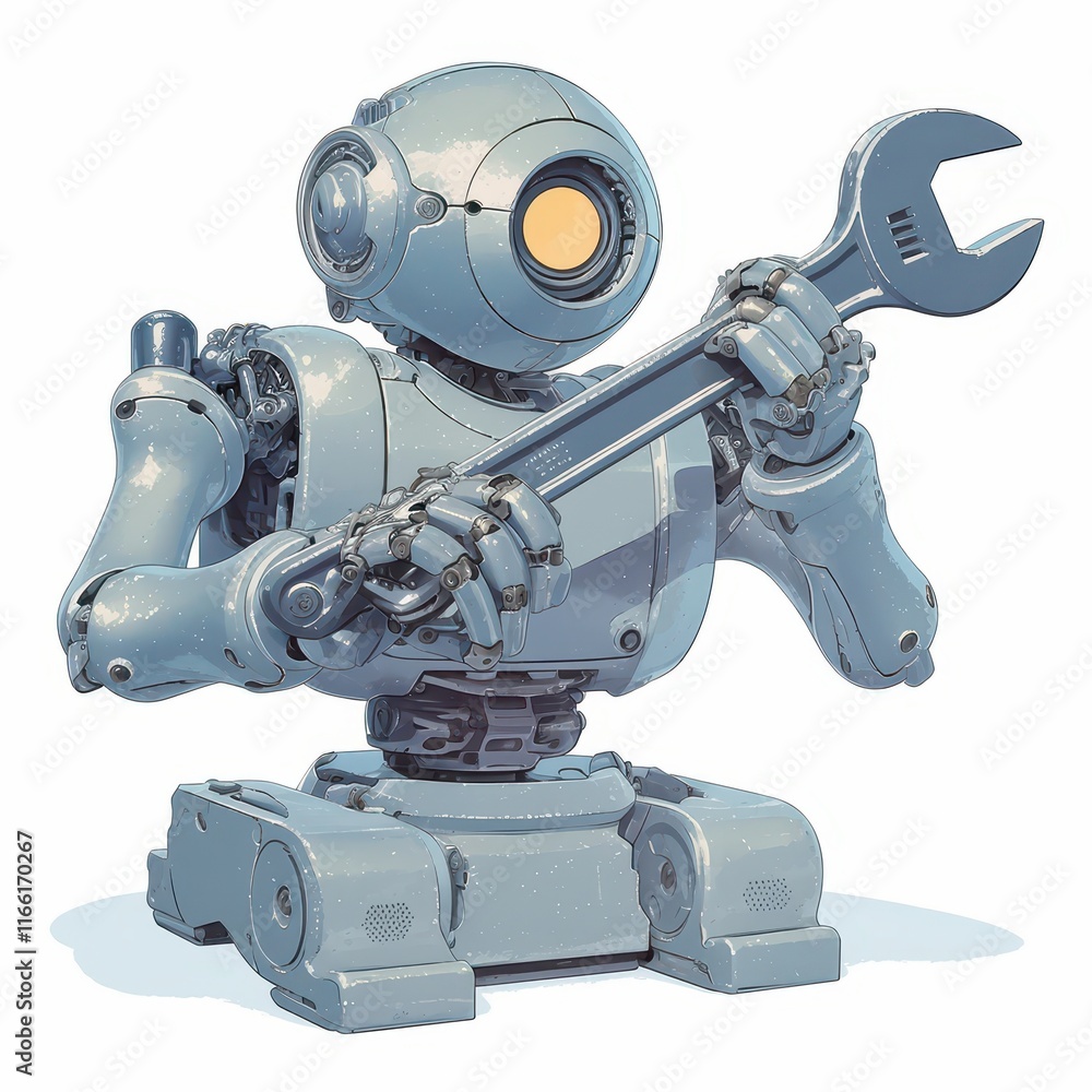 A small robot holding a wrench, symbolizing repair and technology. A small robot holding a wrench, symbolizing repair and technology.
