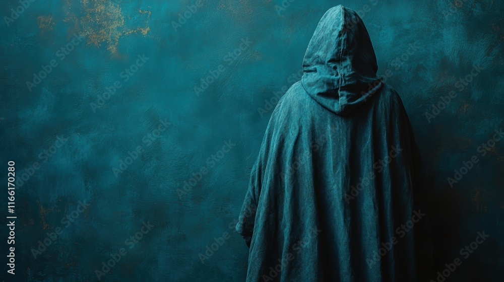 Mystical Figure Cloaked in Mysterious Blue Robe Stands Against a Turbulent Textured Background Evoking Enigma and Contemplation Mystical Figure Cloaked in Mysterious Blue Robe Stands Against a Turbulent Textured Background Evoking Enigma and Contemplation