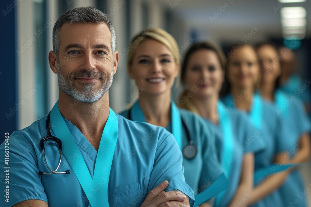 Healthcare Staff Holding Ribbons in Hospital Hallway Healthcare Staff Holding Ribbons in Hospital Hallway