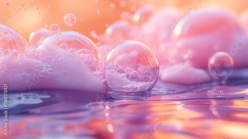 Shimmering bubbles on a pink liquid surface