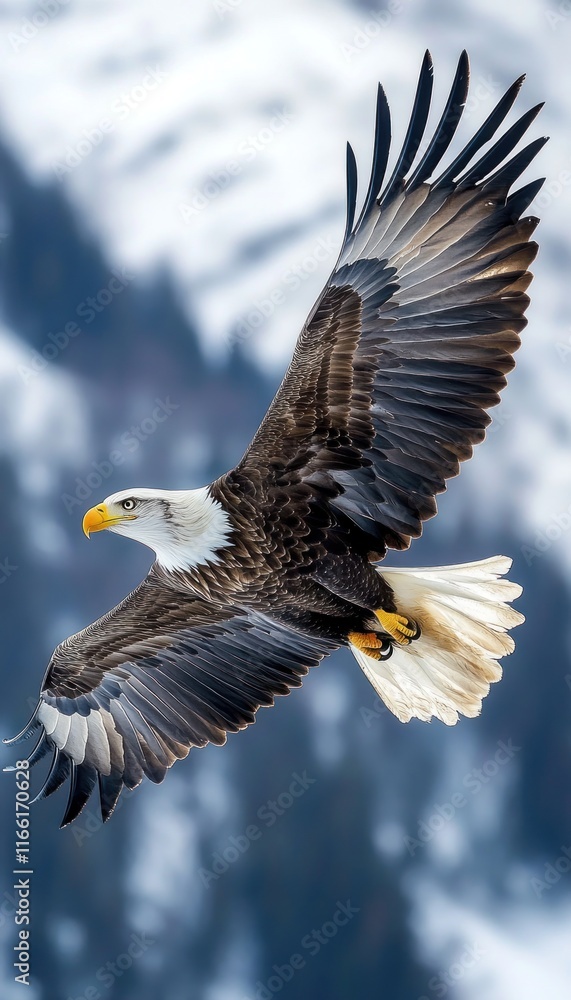 Fototapeta premium Majestic bald eagle in flight against snowy mountain backdrop.