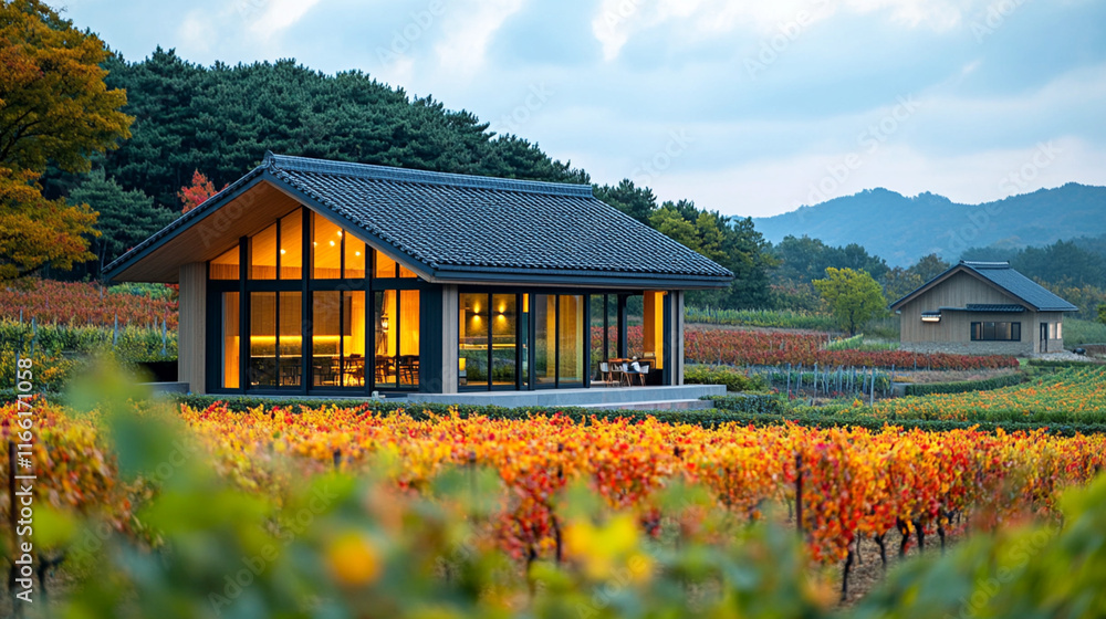 Fototapeta premium Modern vineyard house surrounded by vibrant autumn foliage and rolling hills under a cloudy sky