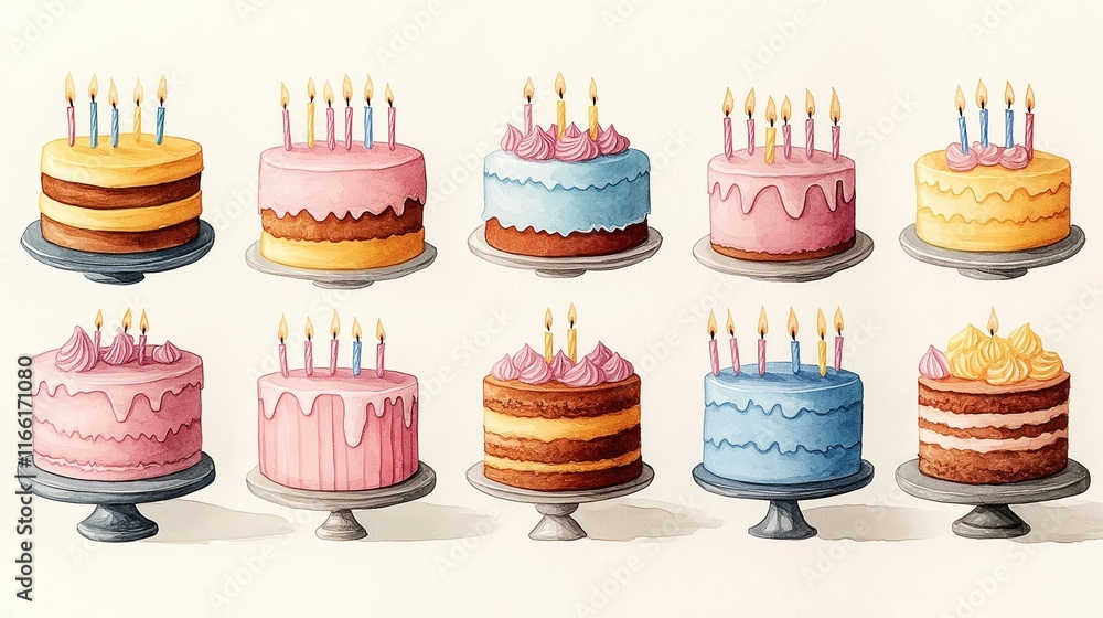Colorful birthday cakes with lit candles sit on cake stands. Watercolor style illustration shows various cakes with different frosting colors, patterns. Celebration theme of illustration. Birthday Colorful birthday cakes with lit candles sit on cake stands. Watercolor style illustration shows various cakes with different frosting colors, patterns. Celebration theme of illustration. Birthday