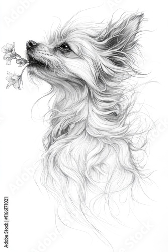 Wallpaper Mural Elegant longhaired dog portrait with flowers in mouth, grayscale pencil sketch. Torontodigital.ca