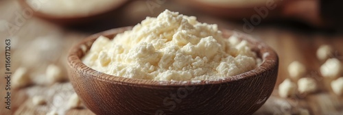 Image of a Wooden Bowl Filled with Fresh Ricotta Cheese Set on a Rustic Wooden Table with a Soft Focus in the Background Highlighting Dairy's Creamy Texture photo