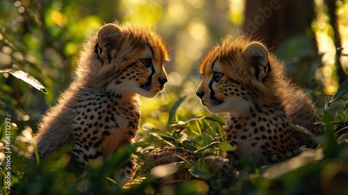 Two cheetah cubs sit in foliage, backlit by golden sunlight. photo