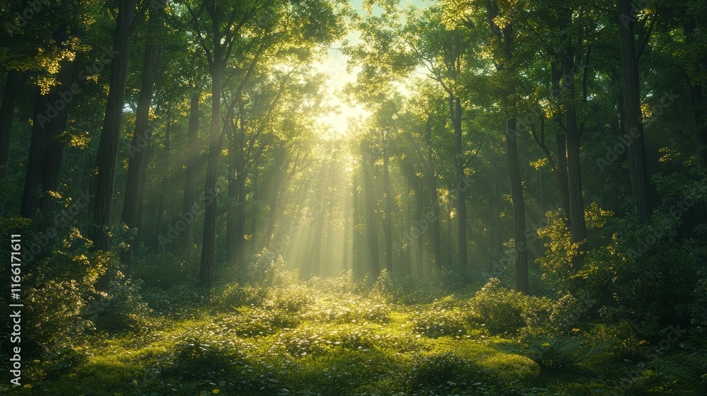 Obraz premium Sunlight Filters Through a Dense Forest, Creating a Serene and Enchanting Atmosphere in the Heart of Nature During Early Morning Hours