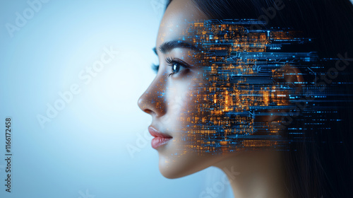 A depiction of a woman's profile merging with glowing circuitry and data streams, blending human features with AI elements. The soft blue background highlights intricate orange and blue designs.